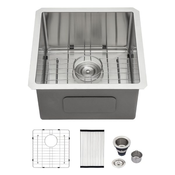 Logmey 17 In Undermount Bar Sink - 17x17 Inch Square Handmade Kitchen Sink 16 Gauge Stainless Steel Bar Prep Sink 9 Inch Deep Small Kitchen Sink 17x17x9 Inches Single Bowl Handmade RV Sink