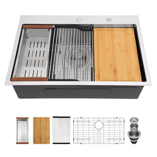 Logmey 33 Drop In Kitchen Sink - 33x22 Inch Workstation Kitchen Sink Stainless Steel Sink 16 Gauge Single Bowl Topmount Sink Z-Shape Single-Tier Track with Accessories