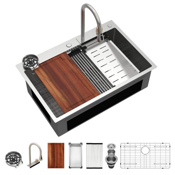 Logmey 33 Drop In Waterfall Kitchen Sink 33x22 Inch 16 Gauge Stainless Steel Single Bowl Workstation Kitchen Sinks With Faucet Combo And Cup Washer, Topmount 22"x33"x9"