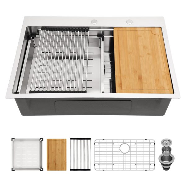 33 Drop In Kitchen Sink - Logmey 33x22 Inch Kitchen Sink Stainless Steel Workstation Sink 16 Gauge Single Bowl Topmount Sink Double Ledges Two-Tier Track with Accessories