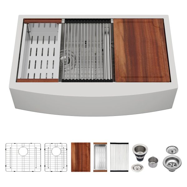 Logmey 33 Double Bowl Farmhouse Sink -33x21 inch Stainless Steel Apron Front Farmhouse Kitchen Sinks Ledge Workstation Low Divide Double Basin 60/40 16 Gauge Farm Sink