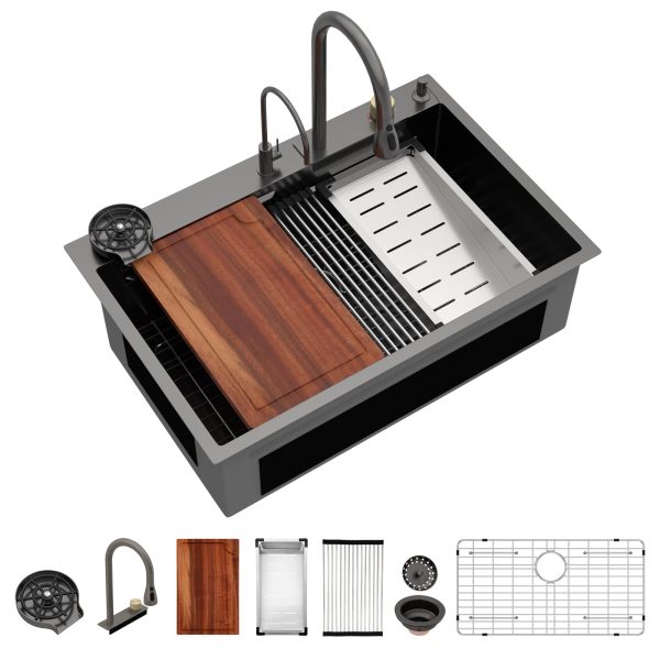 Logmey 33 Drop In Kitchen Sink Waterfall Black Nano Coating 33x22 Inch 16 Gauge Stainless Steel Kitchen sinks Single Bowl Workstation Sinks With Faucet Combo And Cup Washer, Topmount 22"x33"x9"